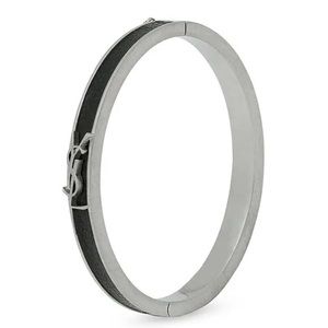 NWT Saint Laurent YSL Cassandre Logo-Plaque Enamel Bracelet Leather Silver Metal